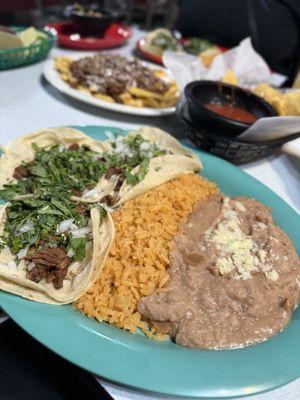 Carne asada tacos w beans and rice