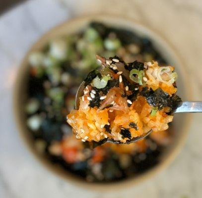 Mini Bibimbap: Garlic rice, house-pickled onions, flying fish roe, kimchi, seaweed flakes ($12)