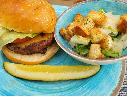 Classic burger with caesar salad