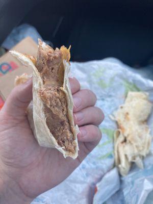 Dry bean burrito with no red sauce and almost no cheese