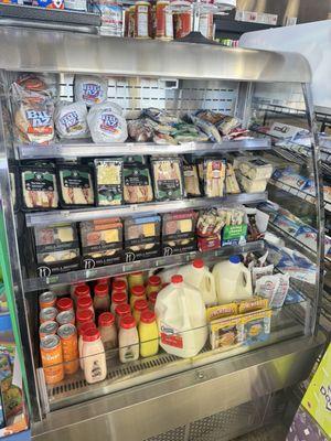 Grab & go sandwiches, milk & snacks.