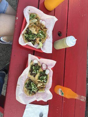 Chorizo street tacos. Jarritos sodas.