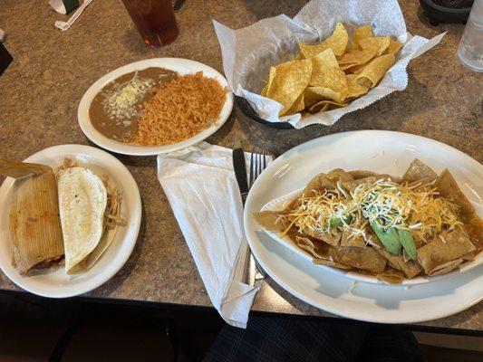 Tamale en hoja, quesadilla, and chicken tortilla soup.