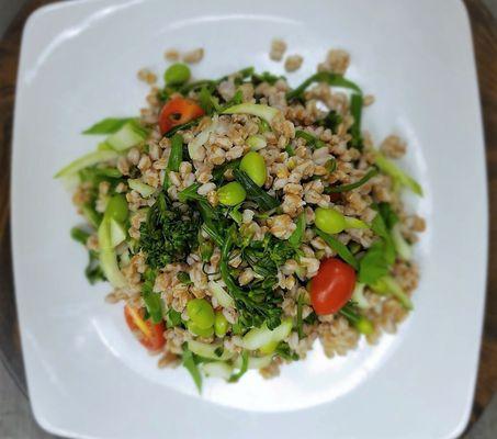 Korean Farro Bowl - Farro, edamame, broccolini, grape tomatoes & bok choy Sesame lime vinaigrette