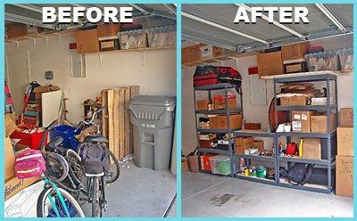 This pic doesn't show the mountain of boxes in the before photo. We added a tool bench and storage shelves. Now there is space for a car!