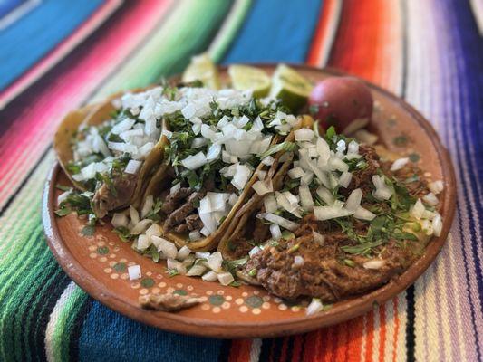 3 Tacos: Barbacoa, Carne Asada, Birria