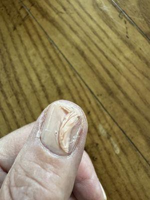 Polish was layer on so thick on this thumb it wouldn't dry. This happened after 30 minutes.