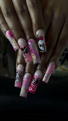XL Acrylic Nails w/ Hand Painted Designs