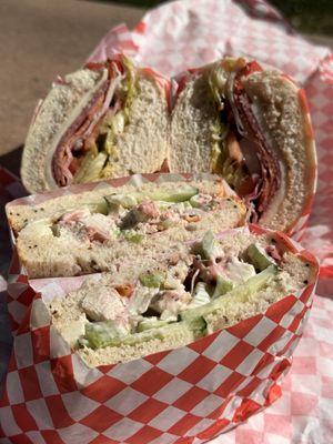 Chicken Cashew on rye, bottom. Italian Sub, top.