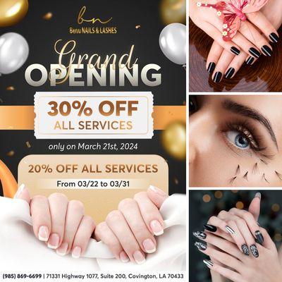 GRAND OPENING: March 21st, 2024
30% OFF All Services only on 03/21
20% Off All Services from 03/22 to 03/31