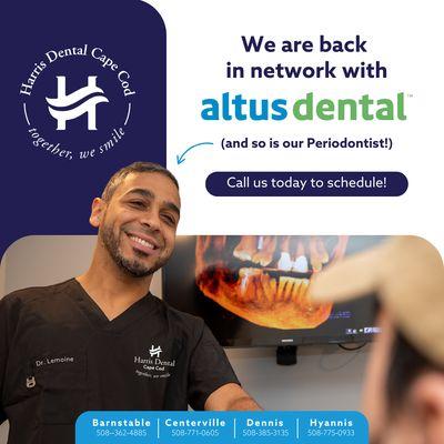 We are now back IN NETWORK with Altus Dental!
No matter what insurance you have, we work with your carrier to submit claims for you!