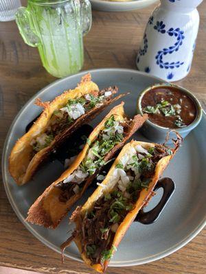 The Slow Roasted Brisket Birio Tacos were super flavorful. They are accompanied by a delicious homemade dipping sauce.