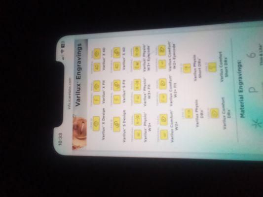 Varilux eyeglass lens codes etched inside lenses by the nosepiece.