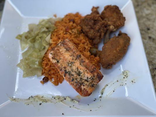 -Salmon
-Fried Chicken
-Rice & Peas
-Steamed Cabbage