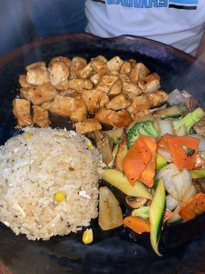 Habachi chicken, rice and veggies very good.