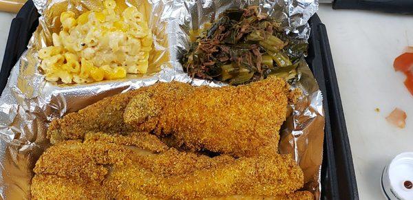 Catfish, mac-n-cheese and greens with Turkey meat