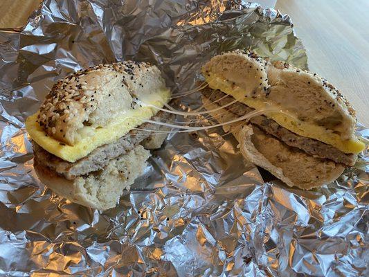 Everything bagel with egg, sausage, and pepper Jack cheese