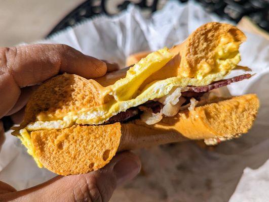 Green chile bagel with bacon, egg and cheese
