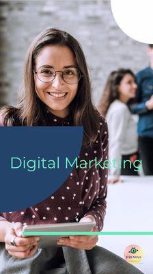 Girl in office. Co workers in foreground. "Digital marketing" written across image