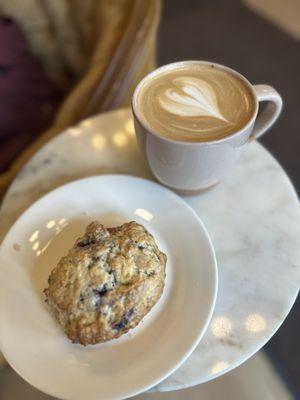 Lemon blueberry scone with a caramel macchiato.