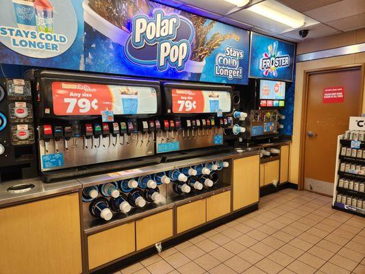 Slurpees and fountain drinks.
