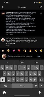 Her deleting comments under pictures I did not give her consent to use