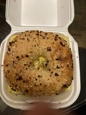 Everything bagel with egg and a hash brown