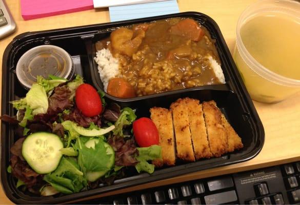 Bento Box D ($10.70 after tax): chicken katsu, Japanese curry rice, fresh salad & miso soup