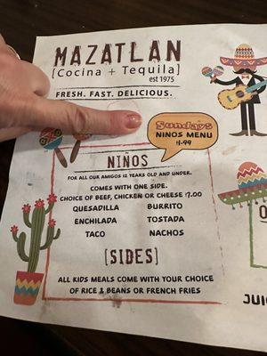 Kids menu