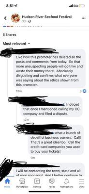 Comments mentioning how the festival organizers deleted posts and comments of valid feedback