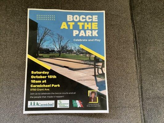 Don't know how to play Bocce, no problem, we will have instructors 10am/11, mini tournament to follow. Join us!