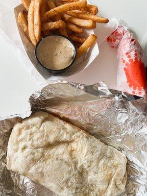 Grande Chicken Burrito, Tigo Fries, southwestern sauce, mild Chilito