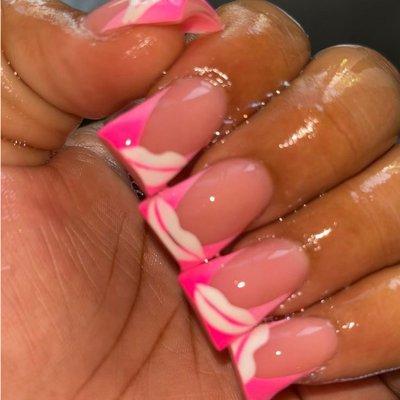 Duck shape nails with Ombré gel French and hand drawn gel kisses