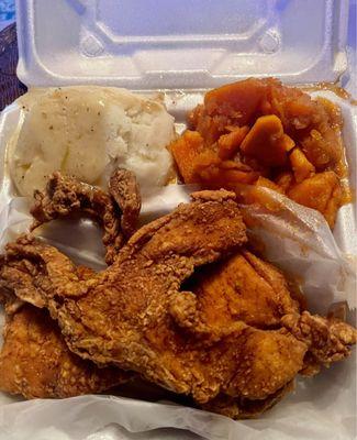 Turkey chops, mashed potatoes and yams. This is sublime comfort food. I love it.