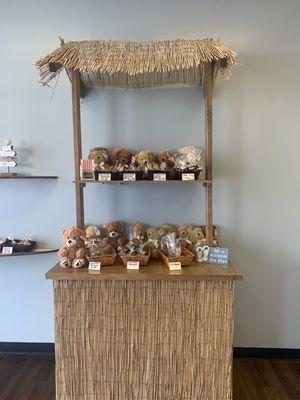 Variety of chocolate dipped treats (Twinkies, almonds, edible cookie dough bits, etc.) and cute stuffed animals