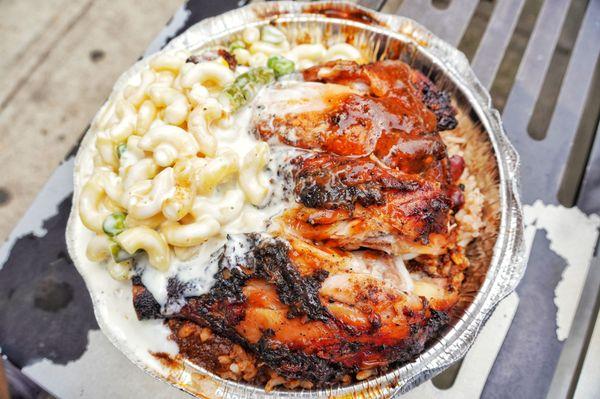 Jerk chicken with rice and Mac salad