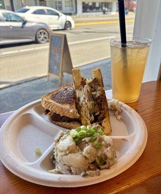Our melt with smoked meatloaf and side of our vinaigrette based red potato salad.