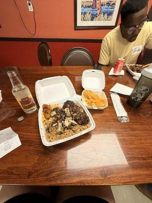 Jerk Chicken, Rice & Peas, Mac & Cheese, Cabbage