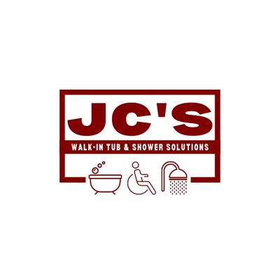 JC's Walk-In Tub & Shower Solutions logo featuring bold maroon text framed in a box with icons of a bathtub, accessibility fi...