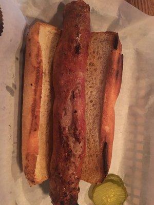 Home made brats on toasted bun. Really tasty, and huge !! Simple, straightforward, and a good starter.