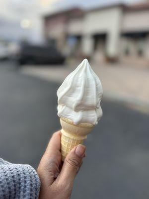 Soft serve vanilla cone for dessert on the go for mee 4.26.25