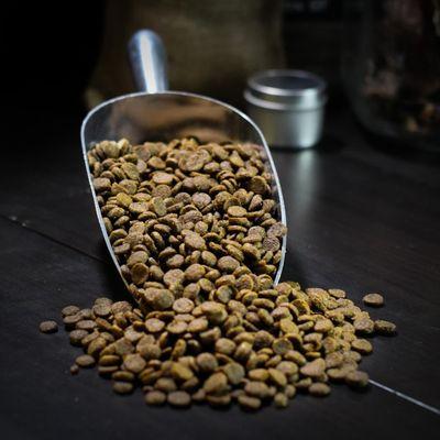 Dog food free of dyes, corn, wheat, sugar, dyes, fillers and by products.