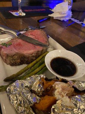 King cut prime rib, asparagus and sweet potato.