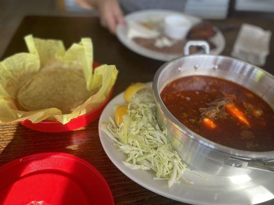 Handmade corn tortillas with posole