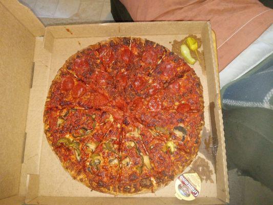 Half pepperoni/bacon half mushroom/green peppers