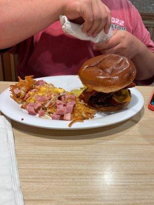 Extra Mega Bacon Cheese HuddleBurger with Hashbrowns