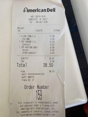 This was just one receipt for food. I spend 8$ In a separate transaction for 2 nasty drinks. Lemonade was awful.