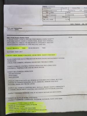 Pre purchase inspection of the Subaru that Jay promised he checked out. SO DISAPPOINTED!