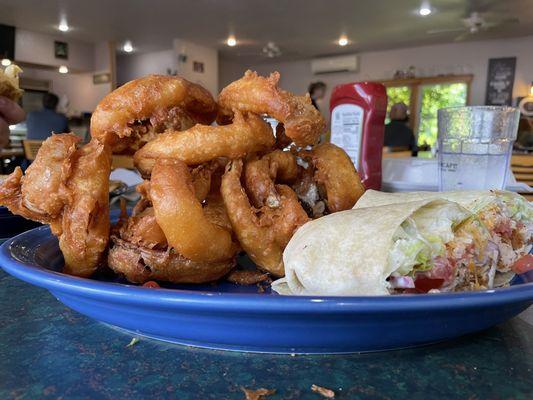 Crispy chicken wrap with onion rings (yum!)