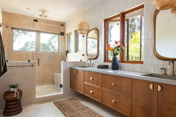 Modern, organic primary bathroom remodel.